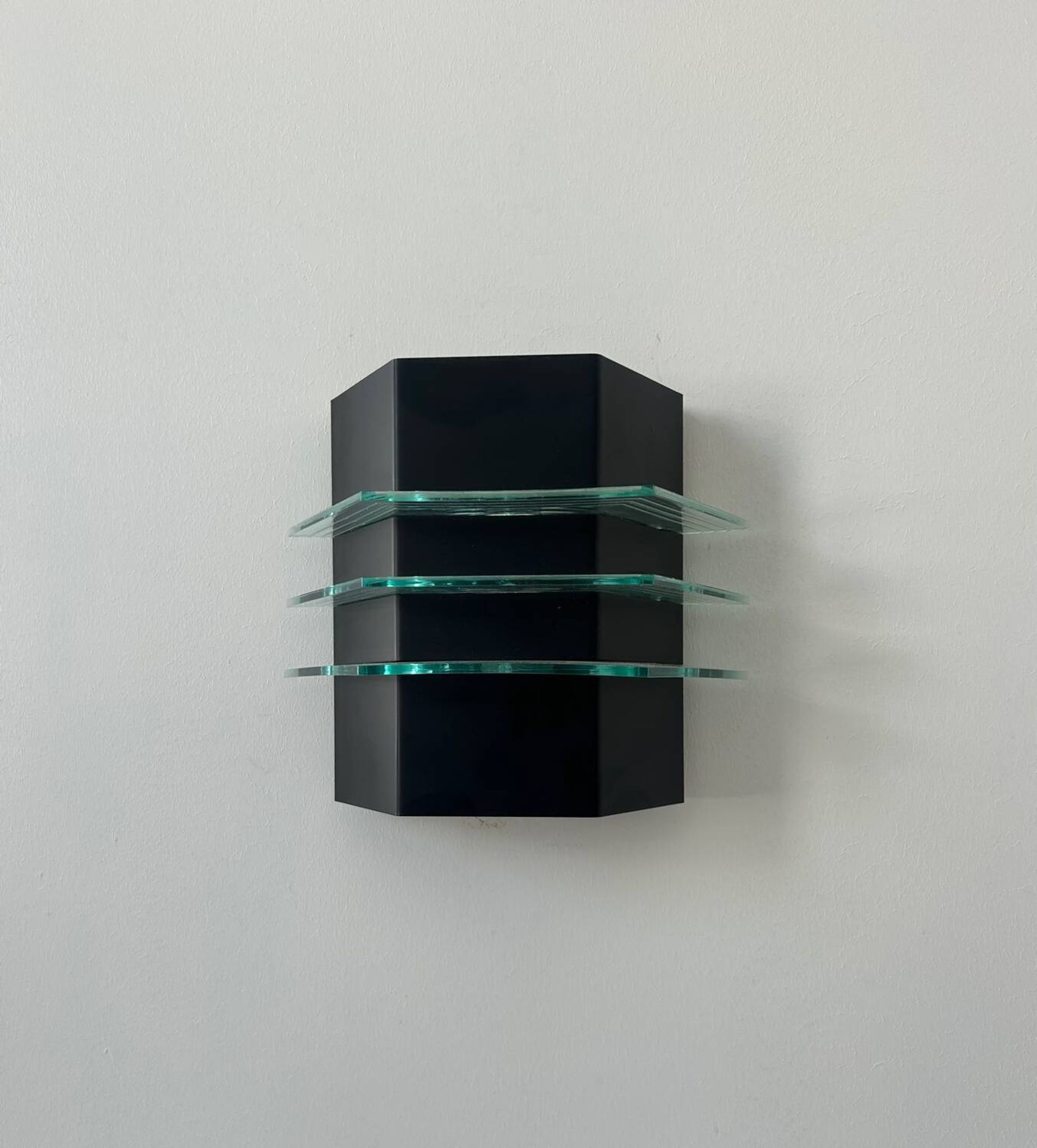Vintage black metal and glass wall lamp, France 1980
