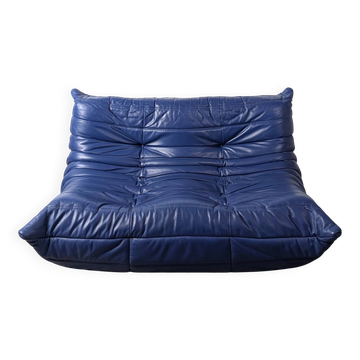Michel Ducaroy Togo Loveseat in Blue Leather for Ligne Roset, France, 1980s