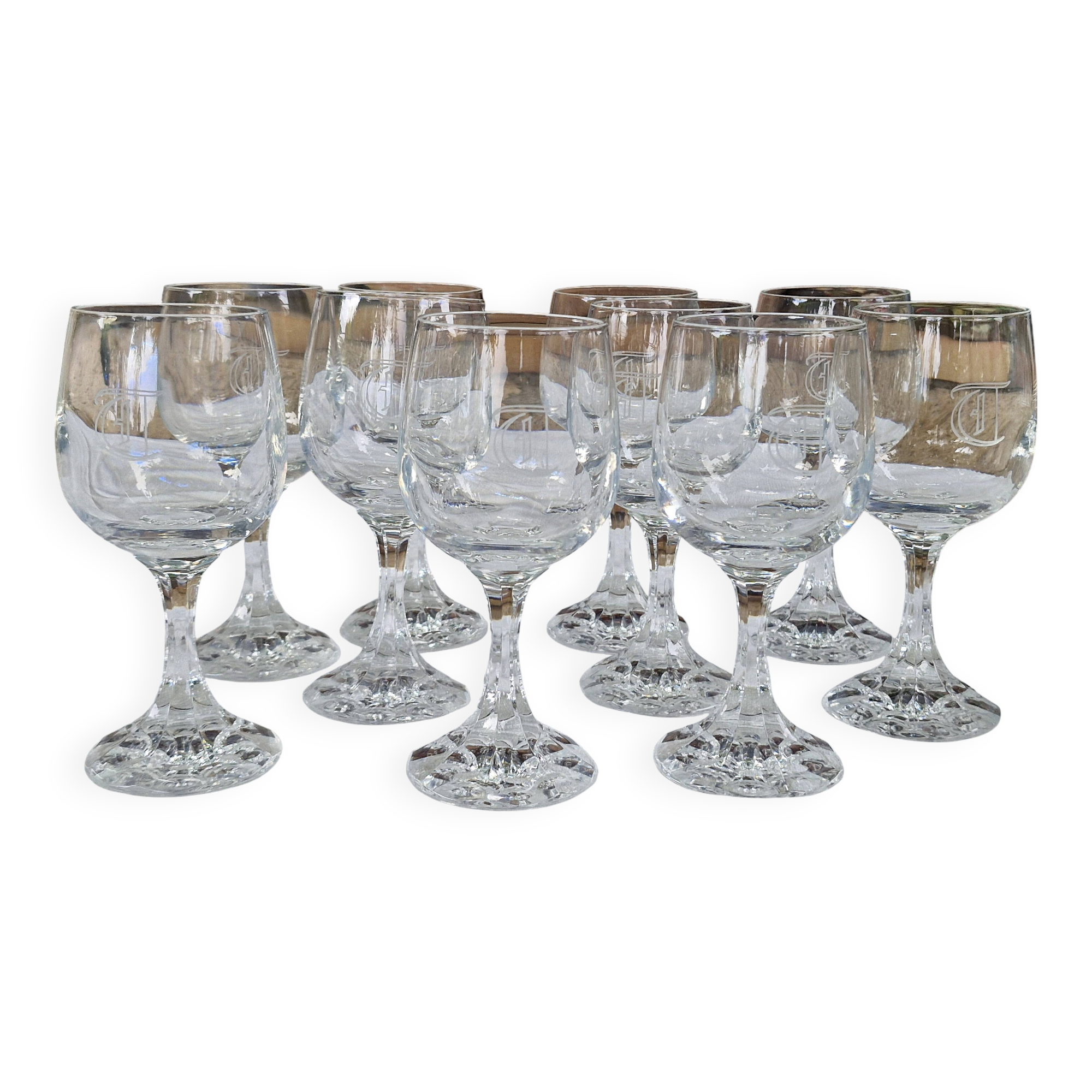 Vintage 10 Large Crystal Glasses - Engraved Logo - Cut Stem - Very Heavy