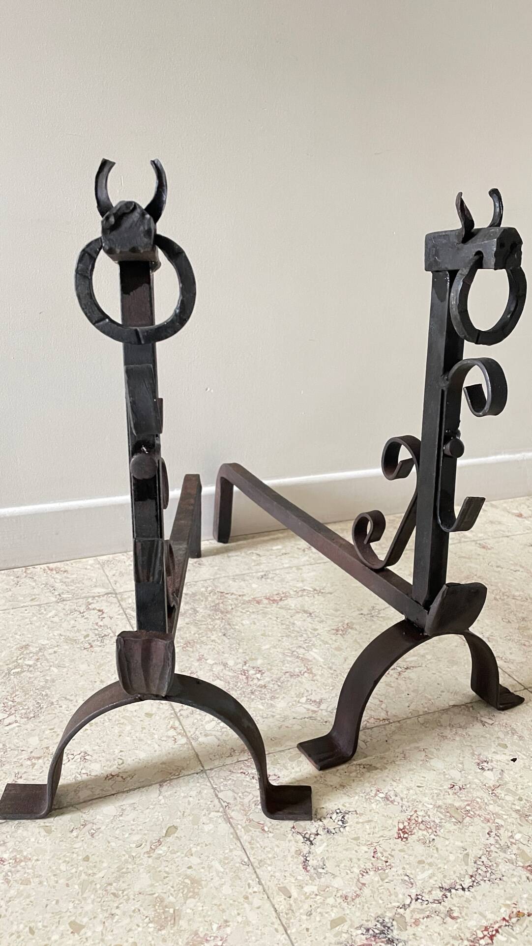 Pair of vintage steel brutalist andirons