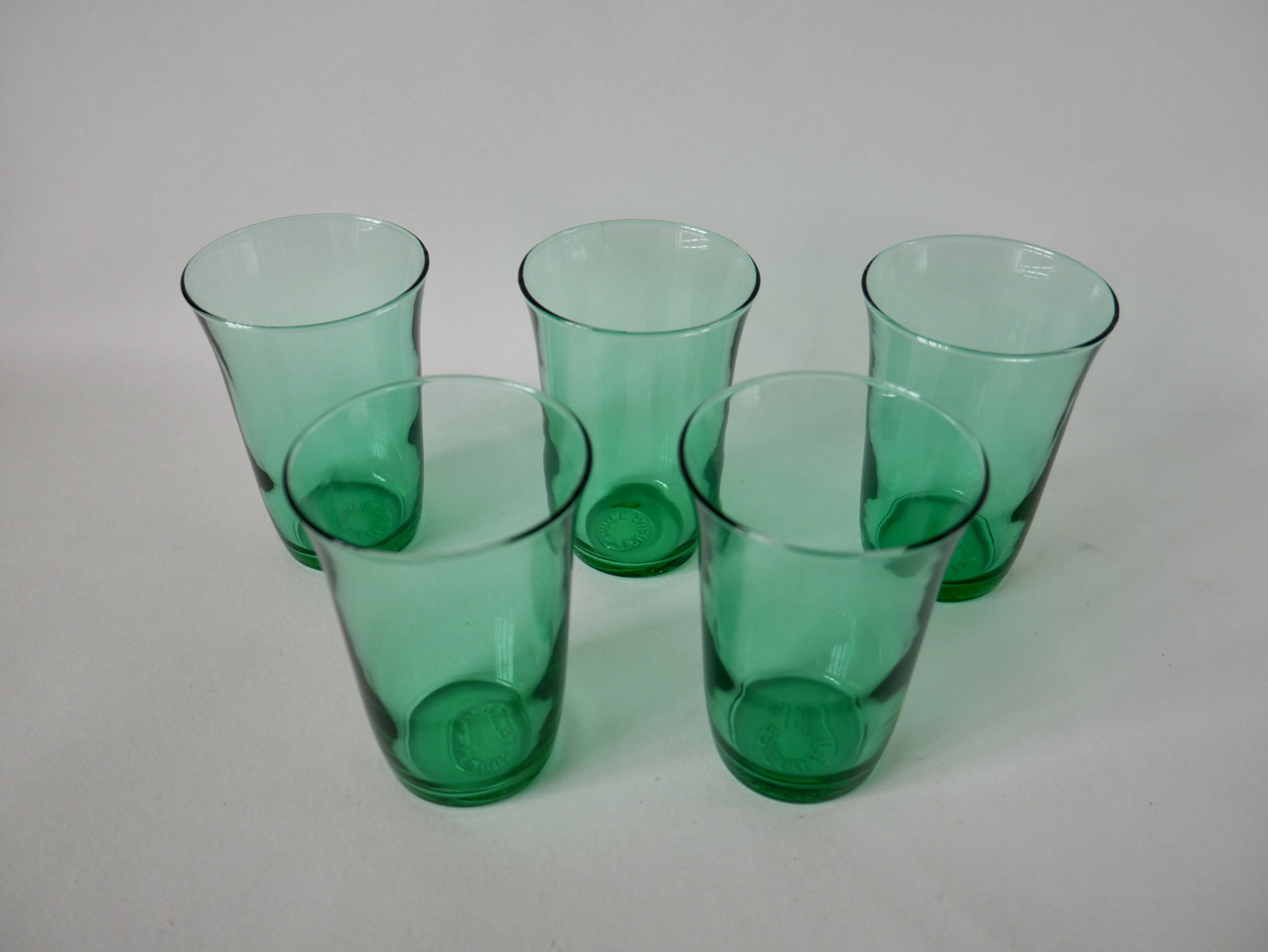 set of 5 green glass water glasses made in France 70s