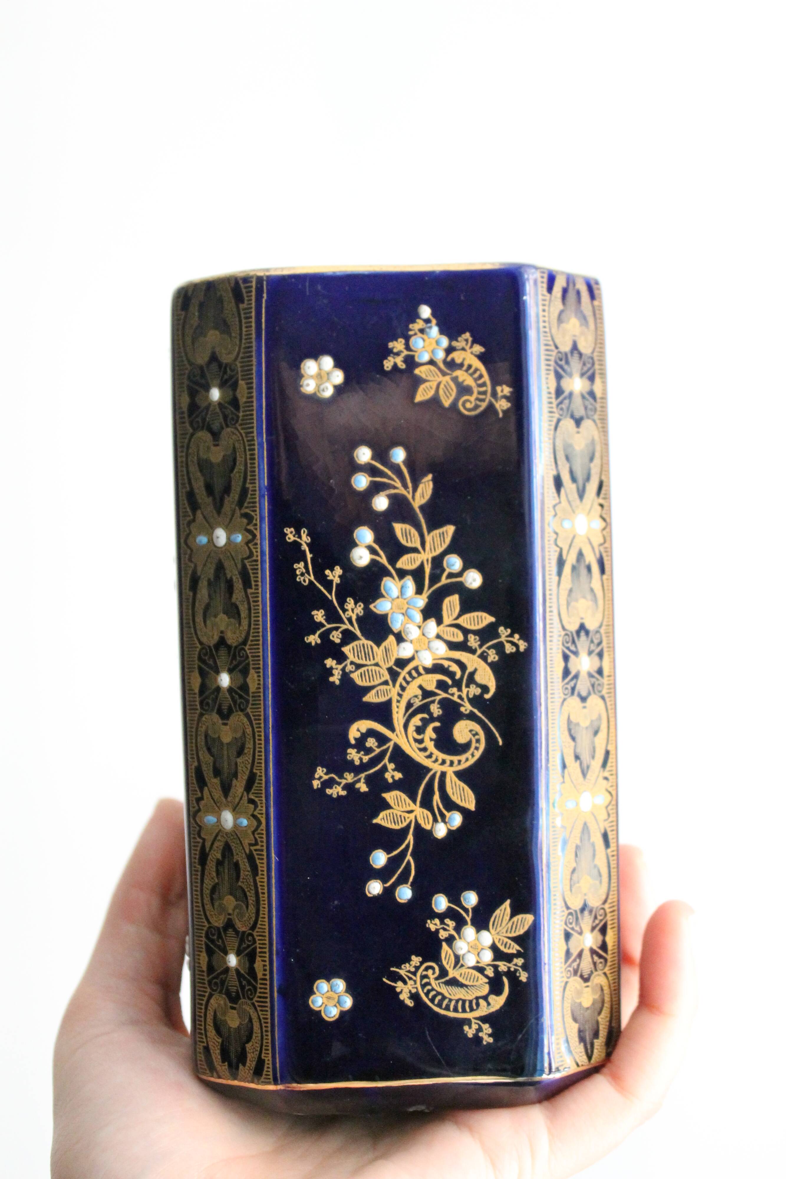 Gien navy blue and gold ceramic vase