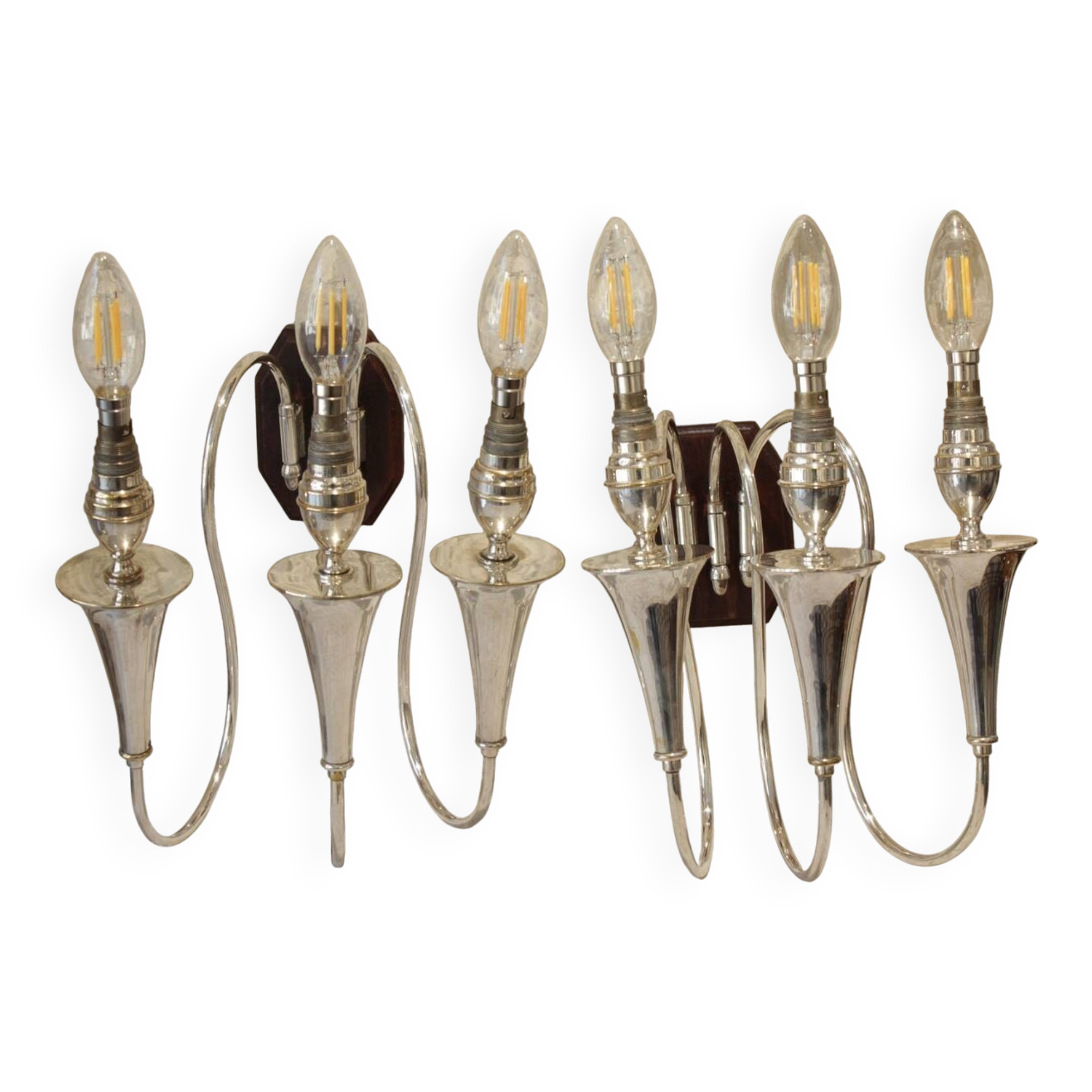 Pair of 3-arm wall lights in silver metal, 1940-1950