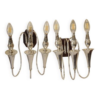 Pair of 3-arm wall lights in silver metal, 1940-1950