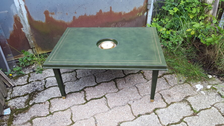 Green leather coffee table and vintage Jaeger pendulum 1960