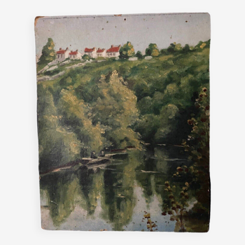 Huile sur carton paysage avec rivière début XXe