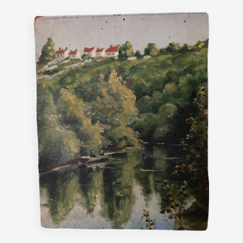 Oil on cardboard landscape with river early 20th century