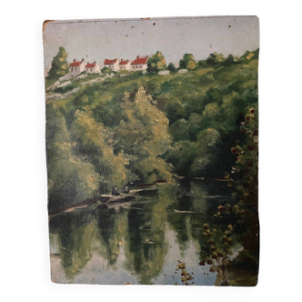 Oil on cardboard landscape with river early 20th century