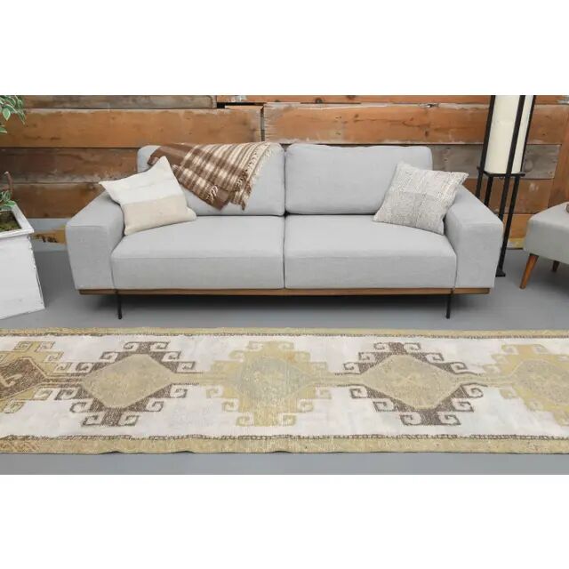 1970s Turkish Hand-Knotted Wool Cotton White Runner Rug 92x322