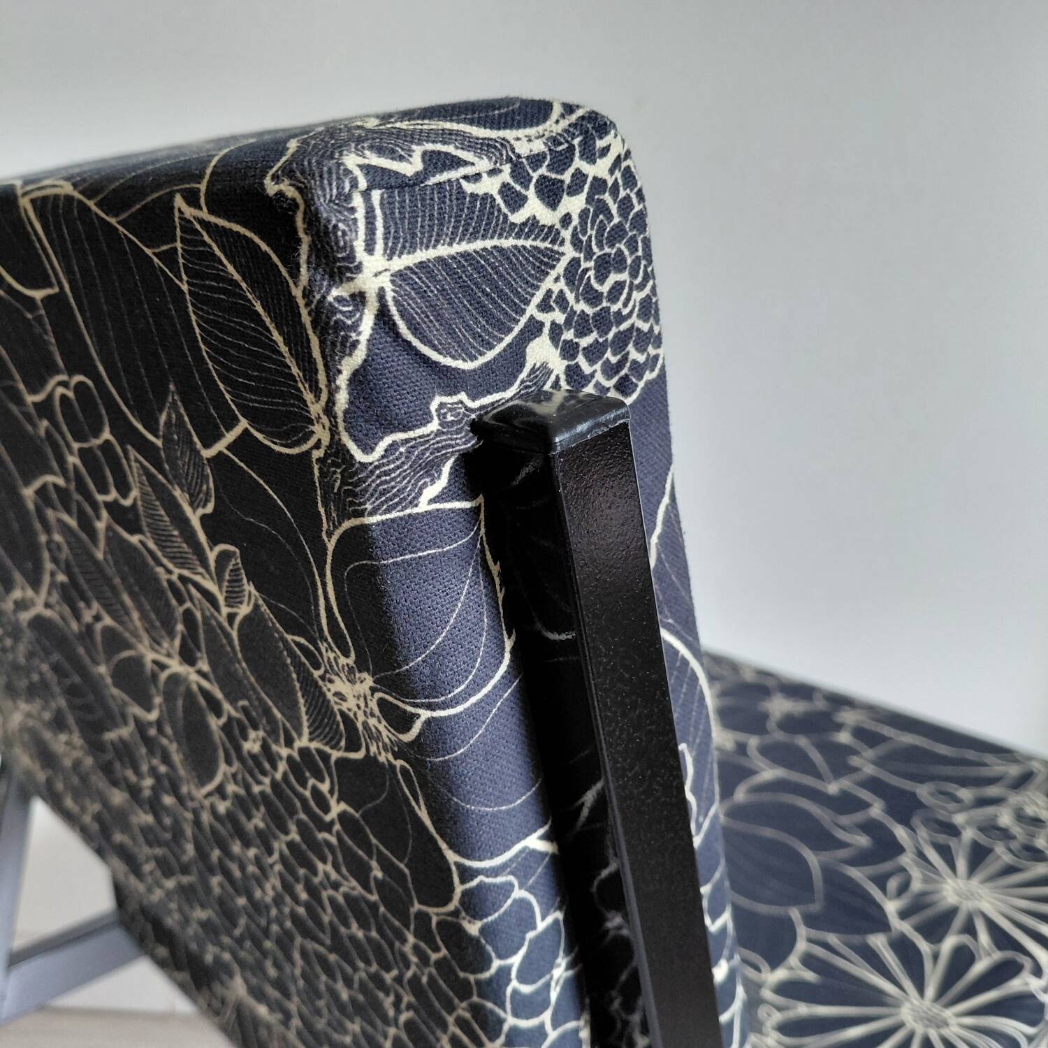 Pair of black metal and fabric armchairs, 1970s, restored.