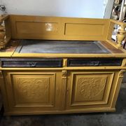 Pine wardrobe painted in straw yellow ochre - period piece from 1890-1919, antique style.