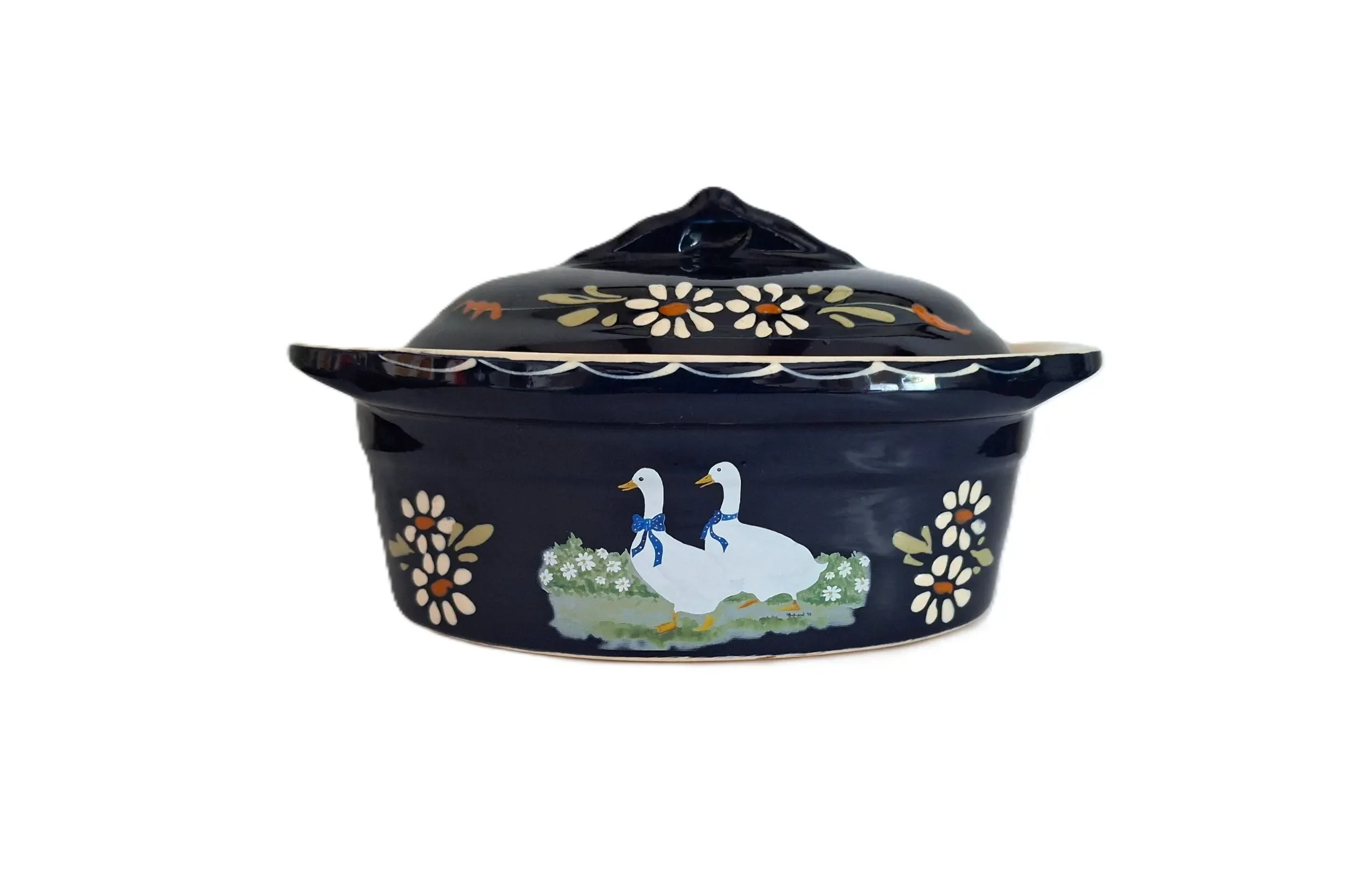 Blue terrine in handcrafted pottery from Alsace, hand-painted.