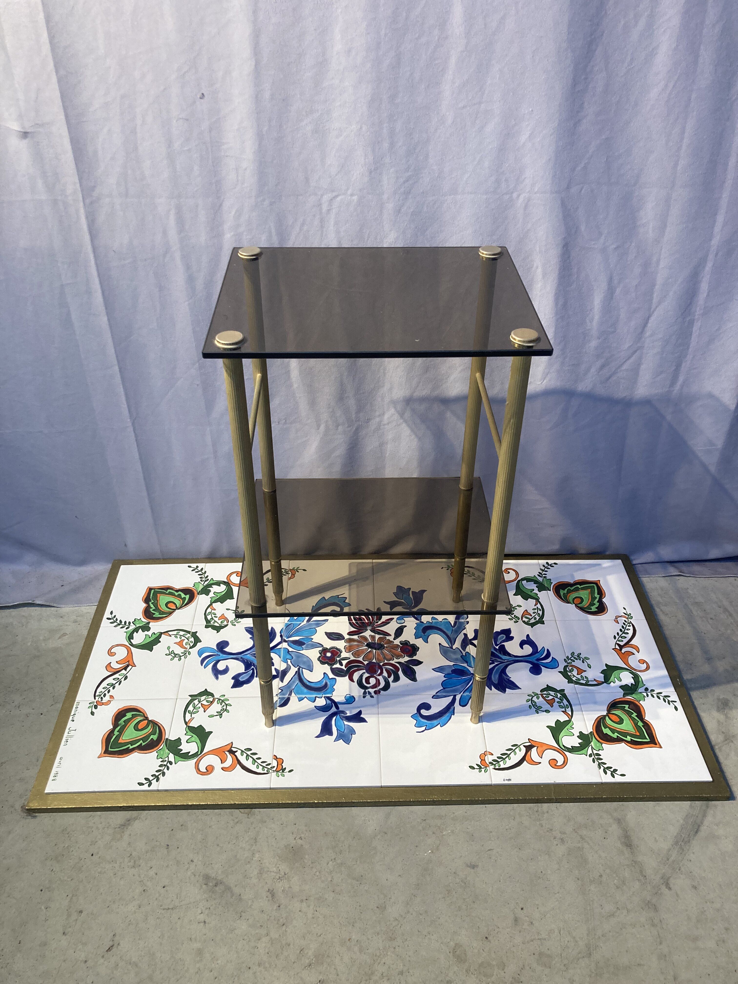 Brass side table and smoked tempered glass