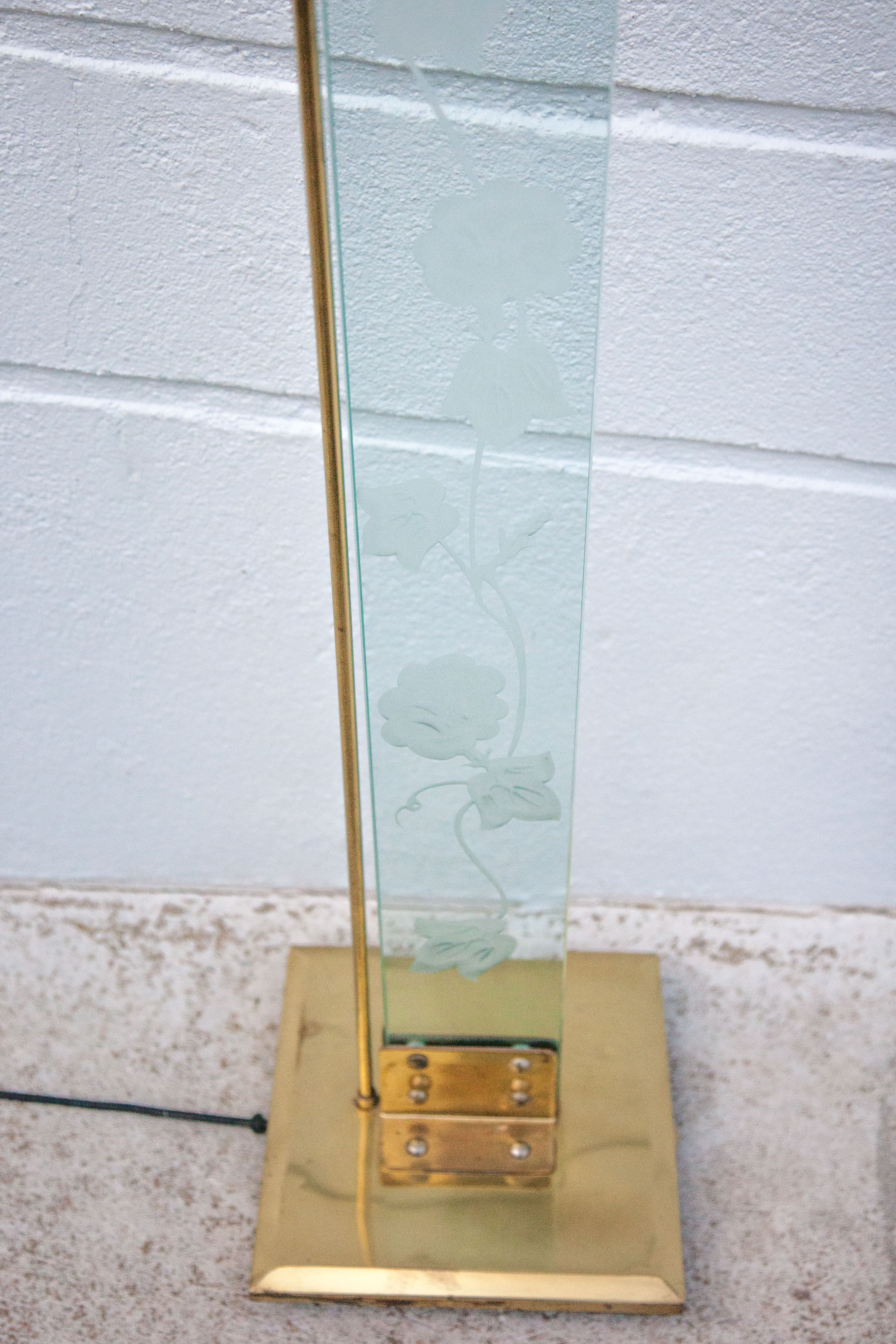 Floor lamp, brass halogen and engraved glass, attributed to Max Baguara, design lamp, 80's