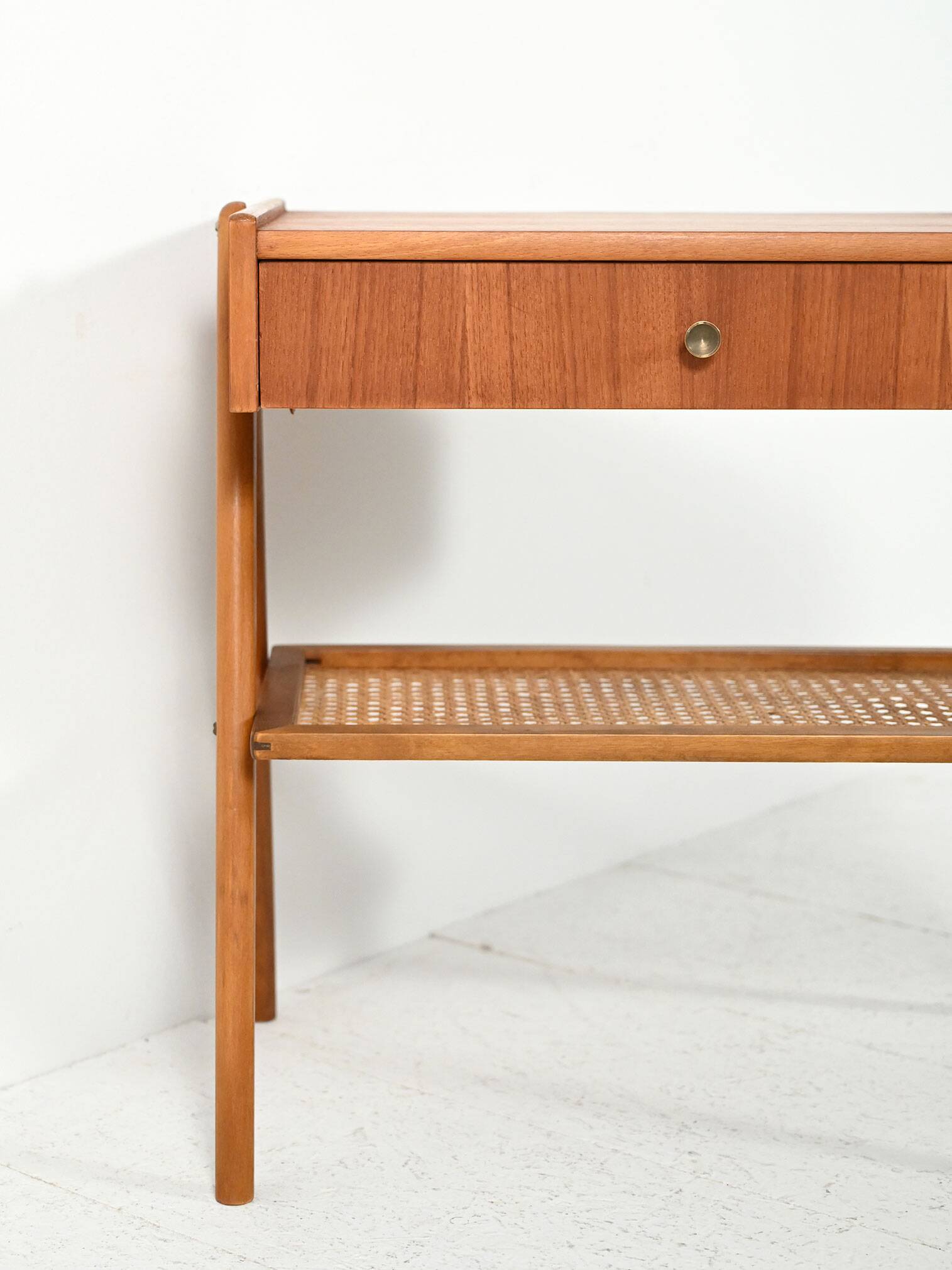 Scandinavian vintage bedside table in teak with Vienna cane