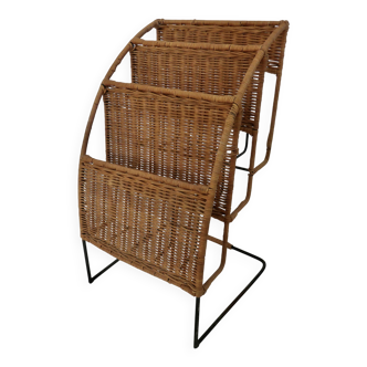 Raoul Guys rattan and metal magazine rack from the 50s