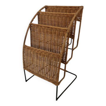 Raoul Guys rattan and metal magazine rack from the 50s