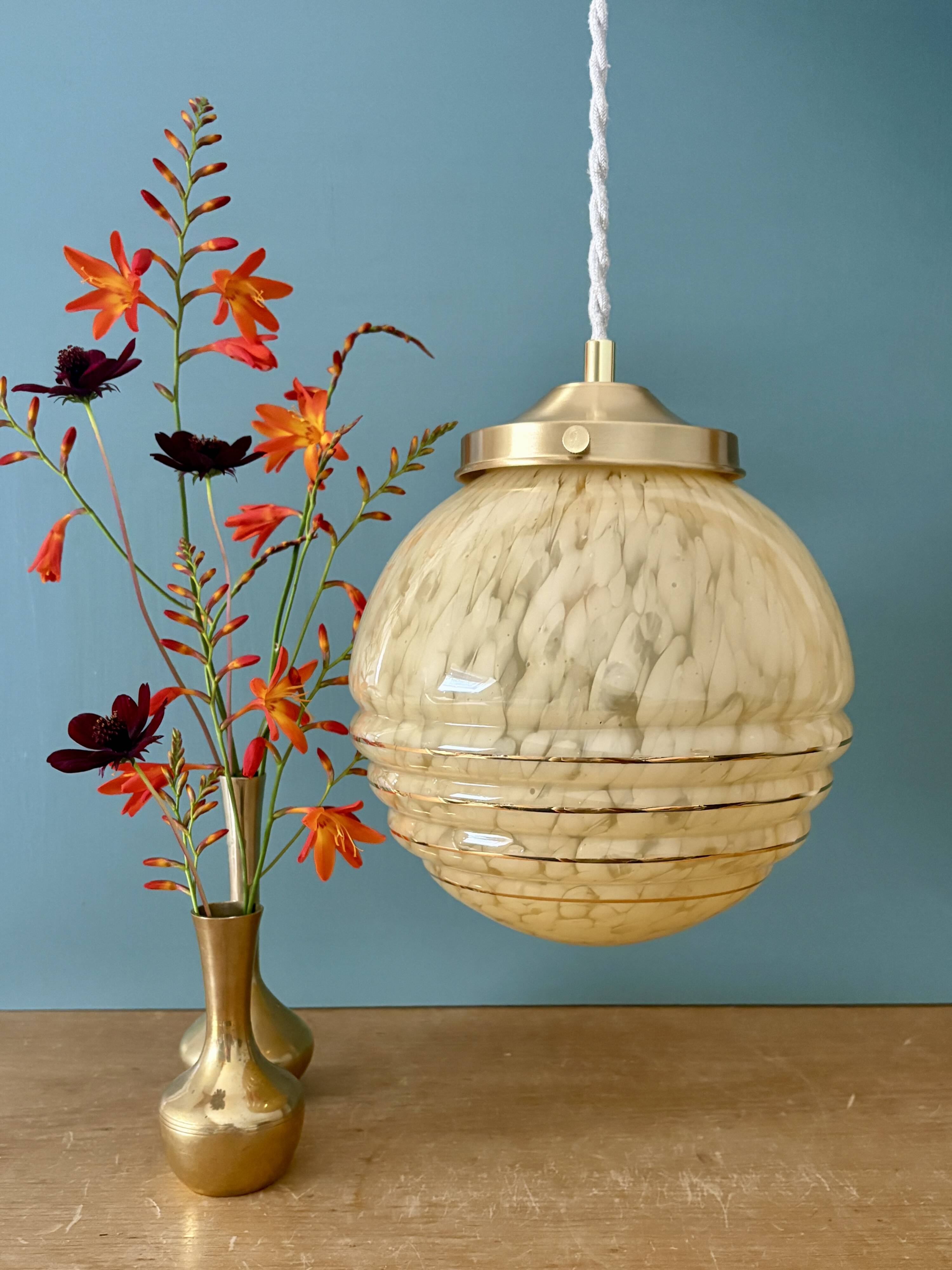 Vintage art deco globe pendant light in yellow and gold Clichy glass