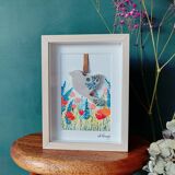 Floral watercolor composition and handmade clay bird