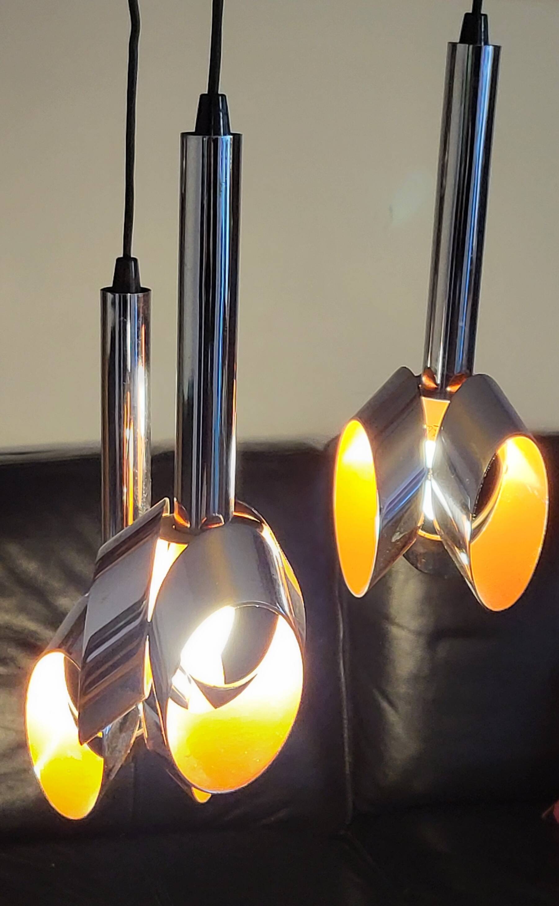 Massive Belgique three-armed waterfall pendant lamp in chrome and orange lacquer
