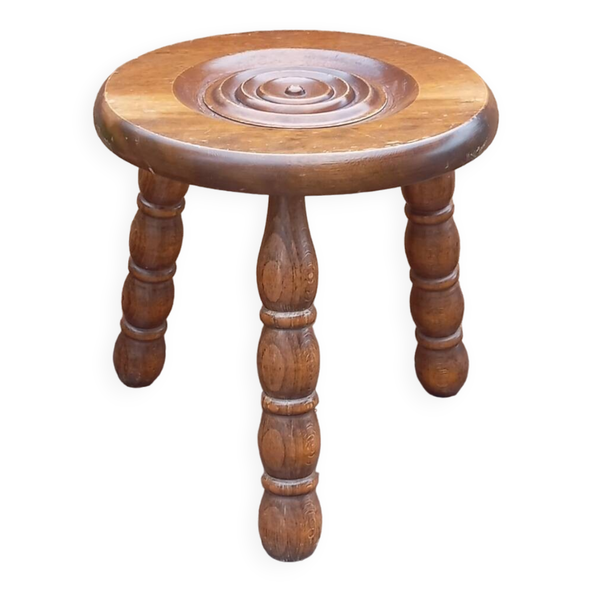 Brutalist tripod wooden stool in Charles Duduyt style.50/60