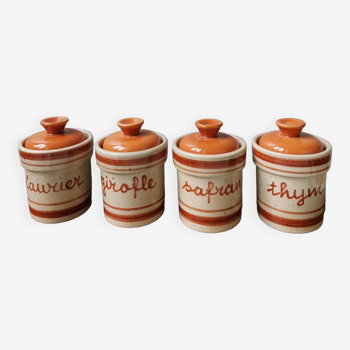 Set of 4 vintage hand-painted stoneware spice jars