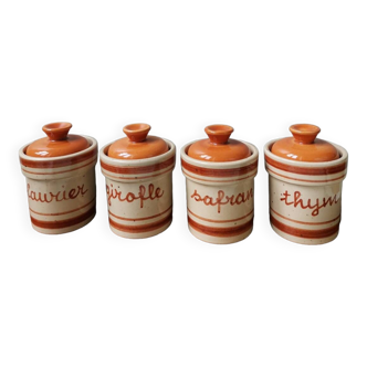 Set of 4 vintage hand-painted stoneware spice jars
