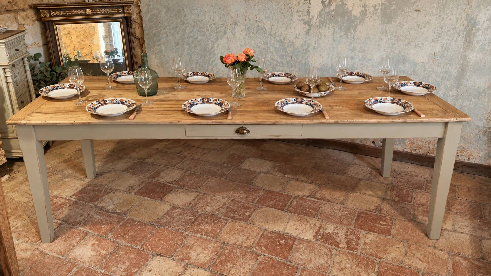 Solid oak farmhouse table "raw" 247x89, "chocolate oak" top