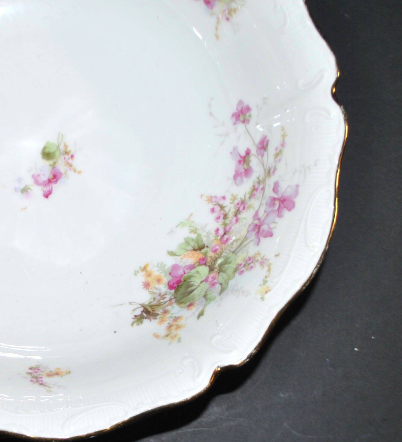 Vintage floral porcelain salad bowl with gilding + matching round plate