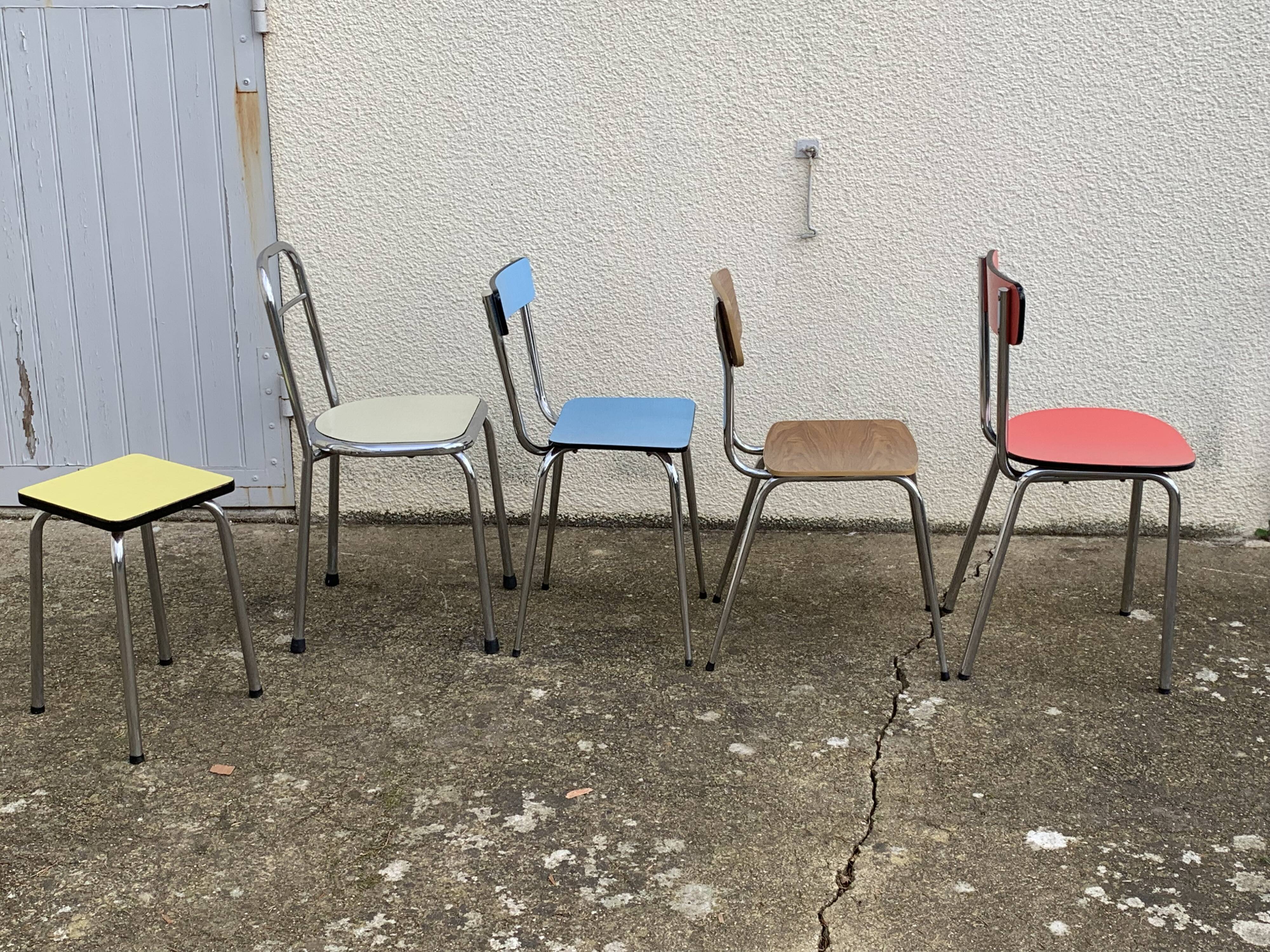 Mismatched formica chairs and stool 1960