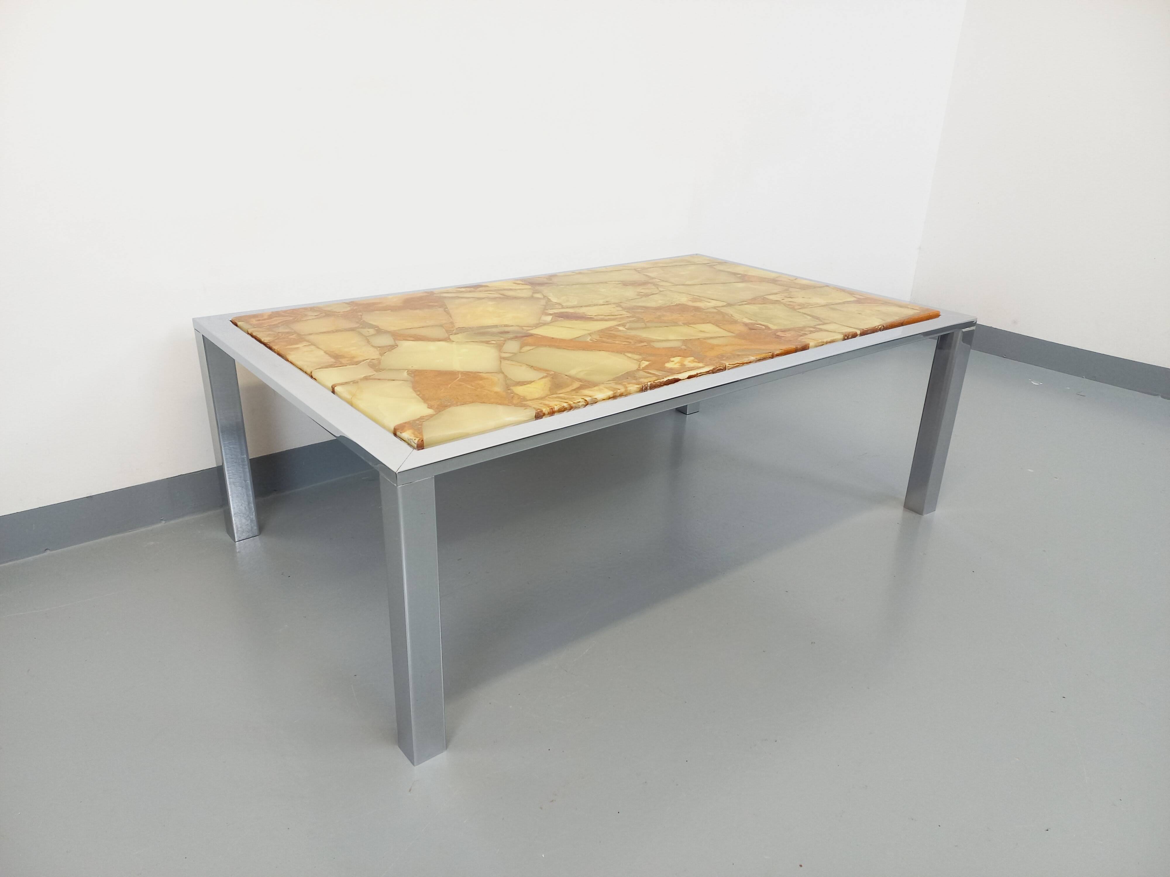 Large vintage coffee table in chrome metal, yellow onyx stone and resin from the 70s