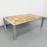 Large vintage coffee table in chrome metal, yellow onyx stone and resin from the 70s