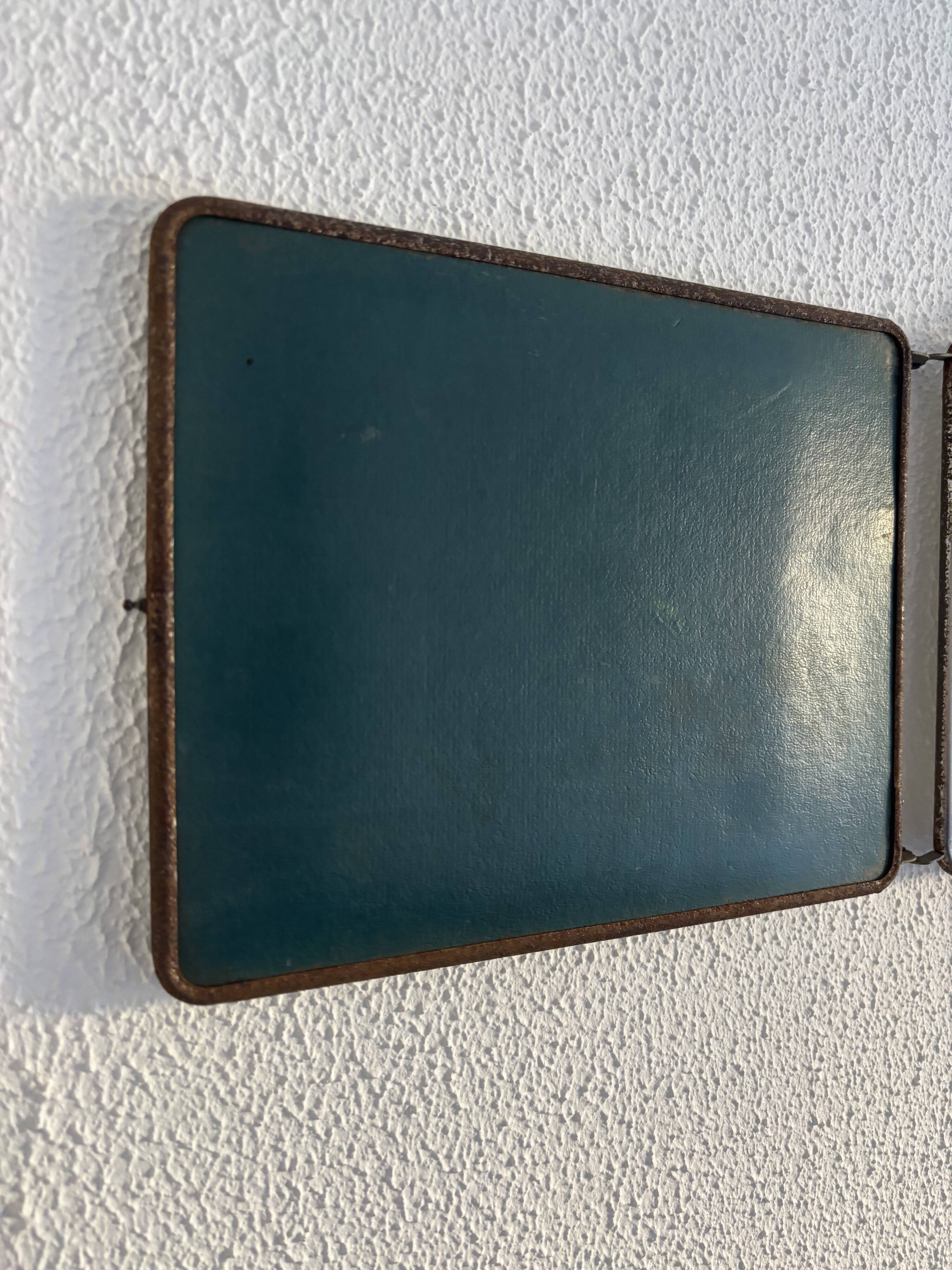 Vintage 1950s triptych barber mirror in duck blue - 22 x 86 cm