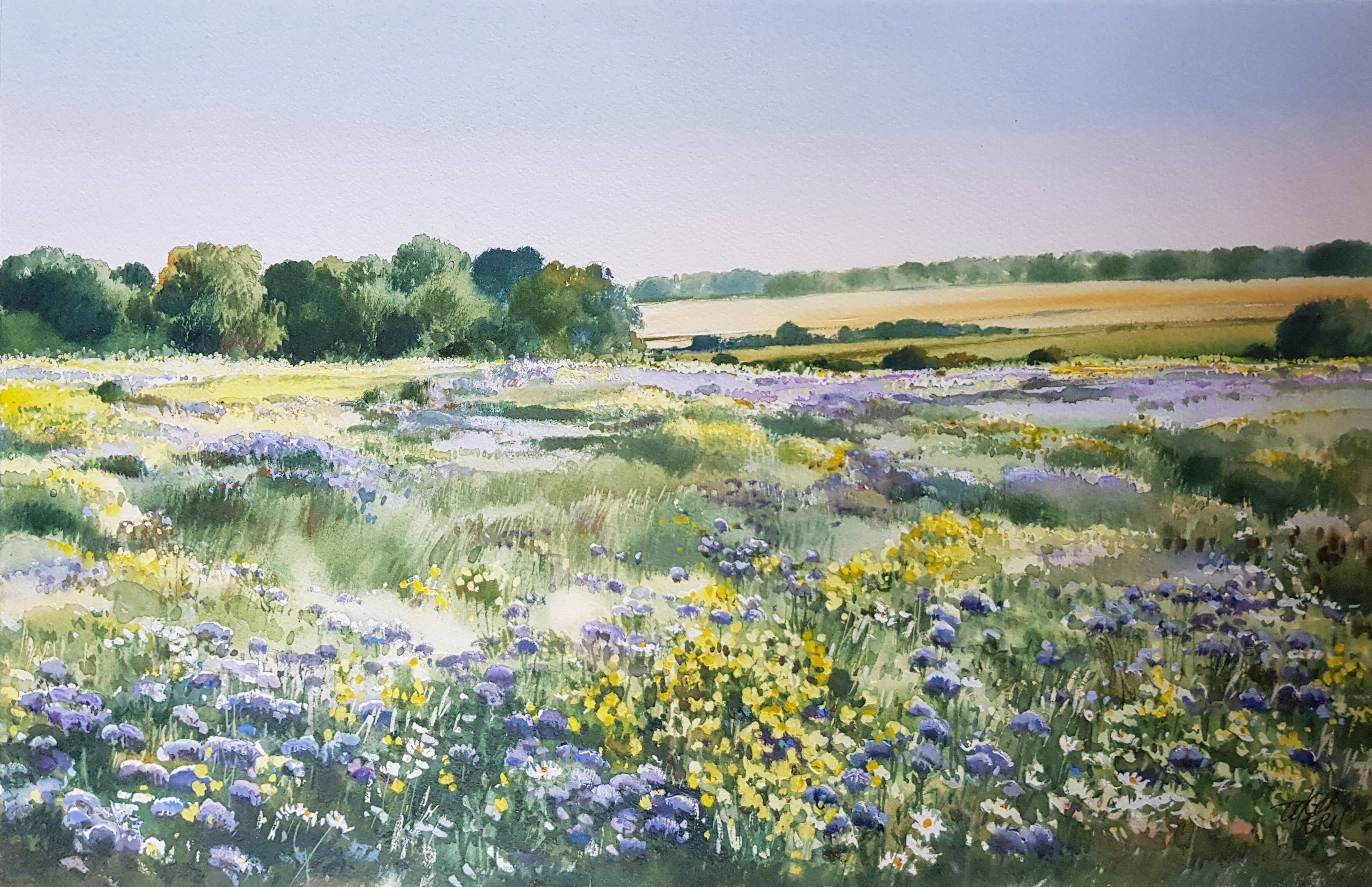 Framed watercolor - Flowery landscape