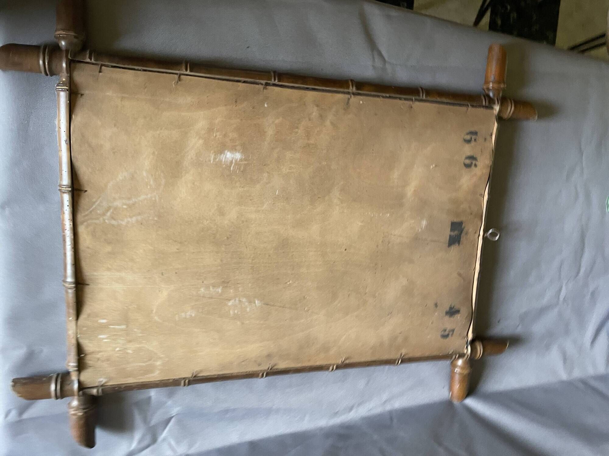 Large barber mirror from the 1940s/50s made of turned wood in a bamboo style.