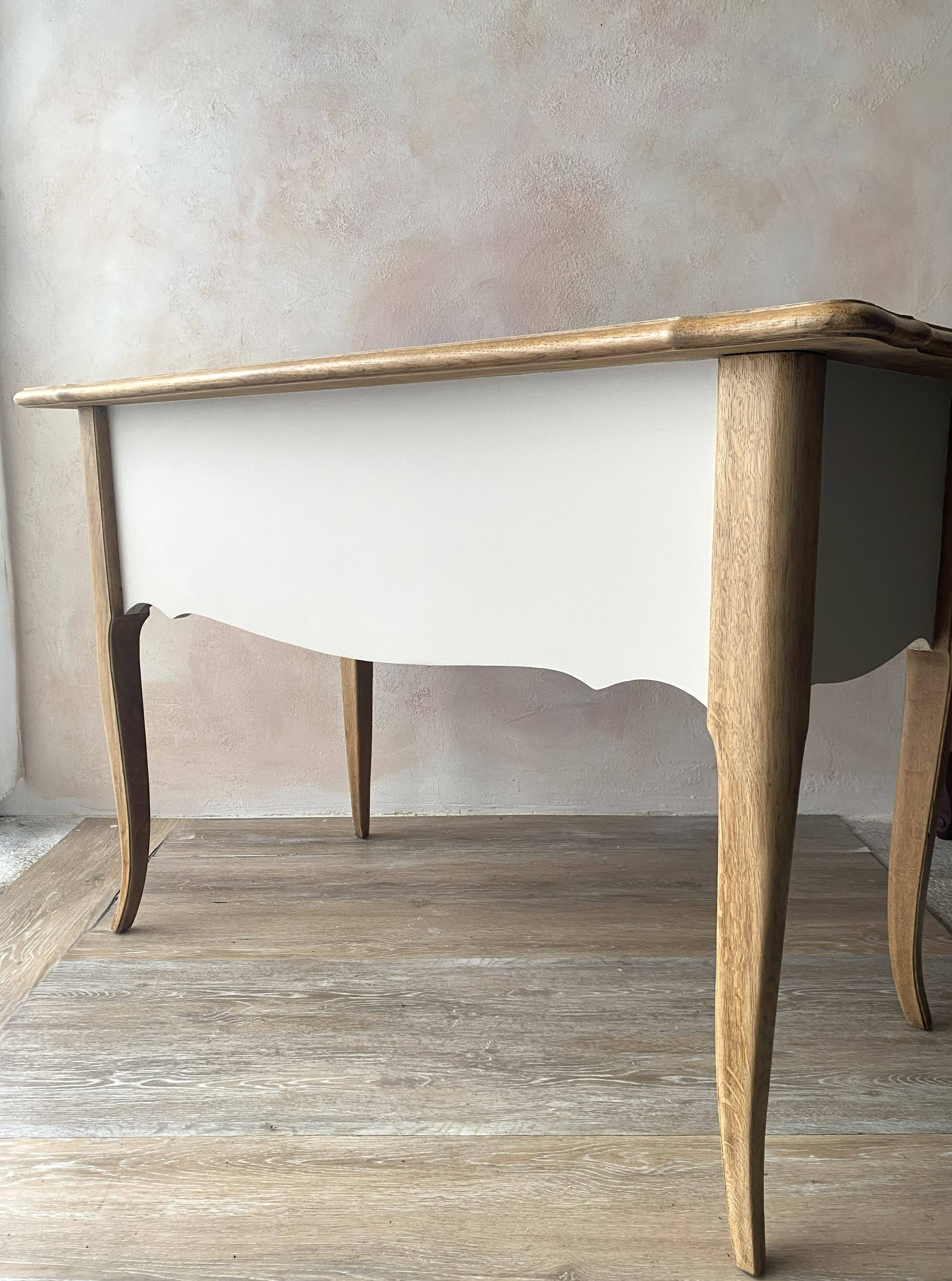 Antique 2-drawer desk in raw wood and beige, renovated.