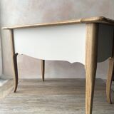 Antique 2-drawer desk in raw wood and beige, renovated.