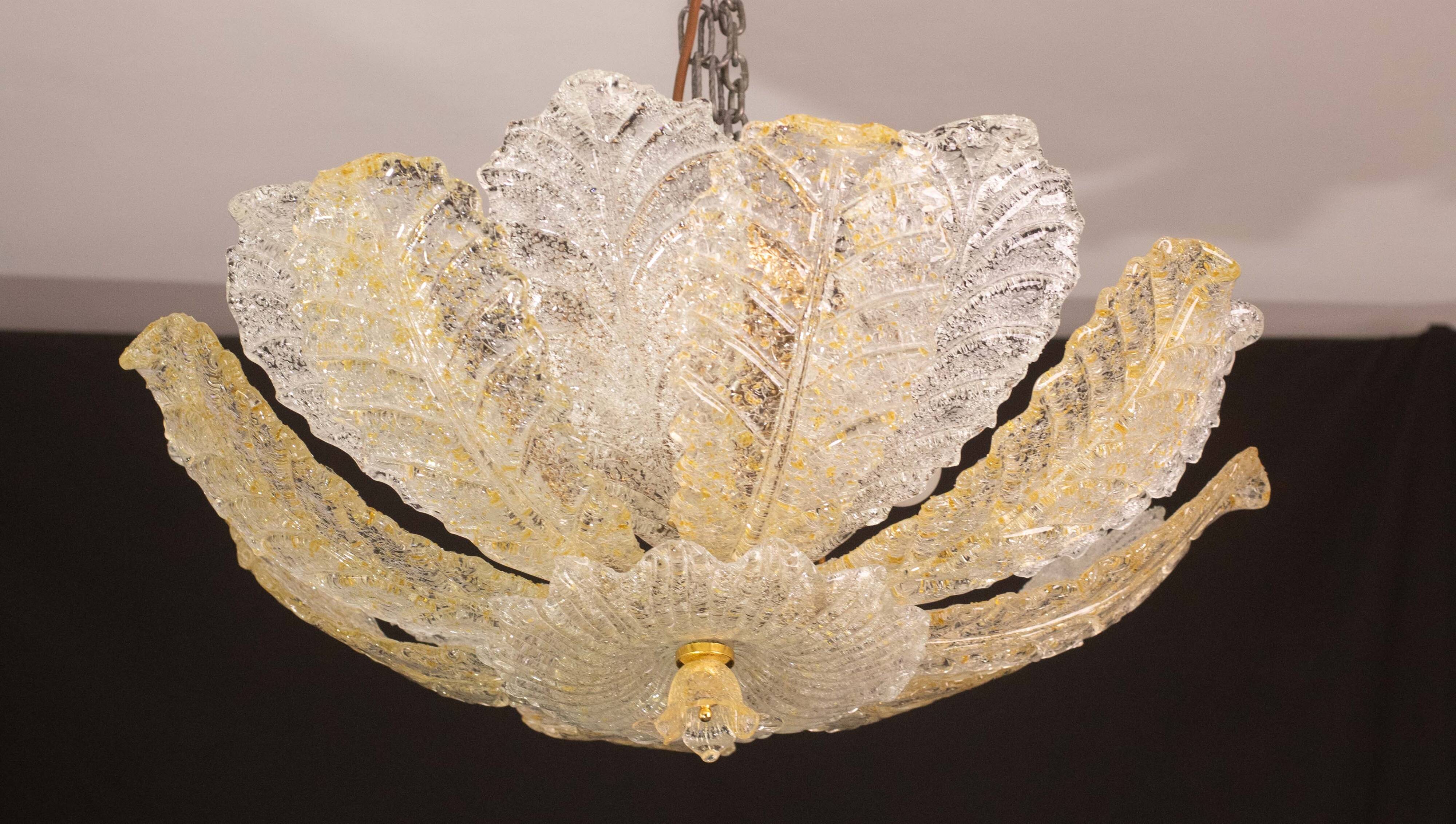Murano Glass Gold and Transparent Leaves Chandelier or Flush Mount, 1970s