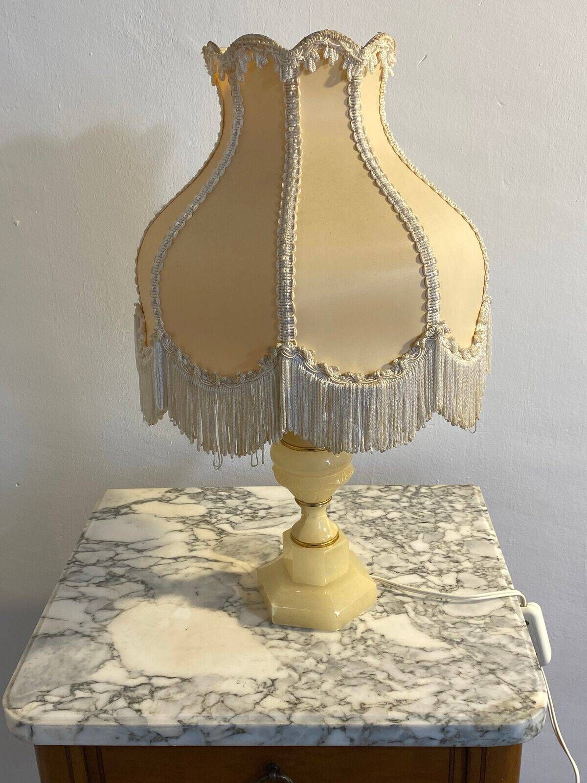 Alabaster lamp, frilled shade with fringes, 1930s-1940s.