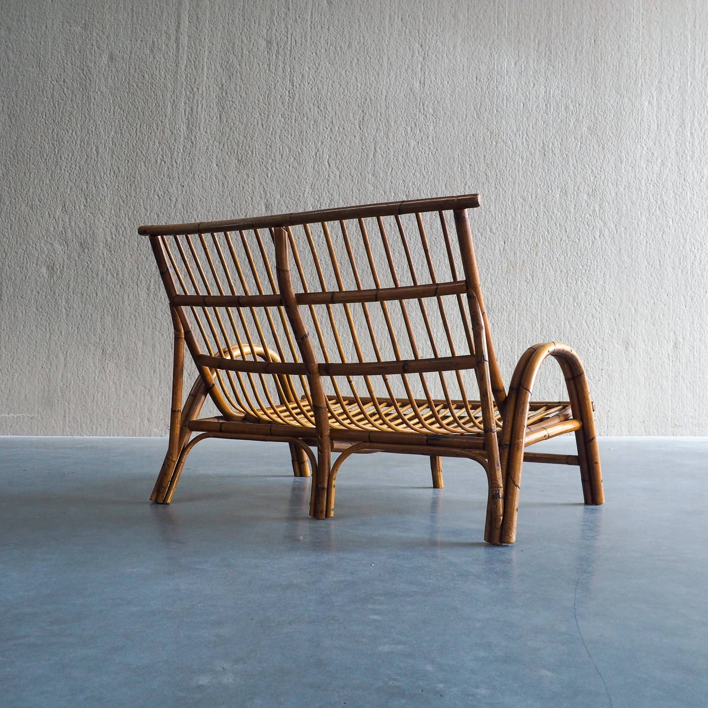 Mid-century rattan & bamboo two-seater lounge sofa