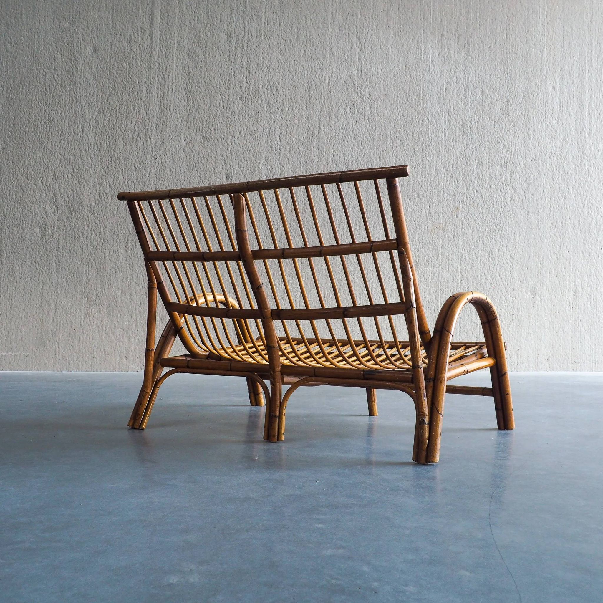 Mid-century rattan & bamboo two-seater lounge sofa