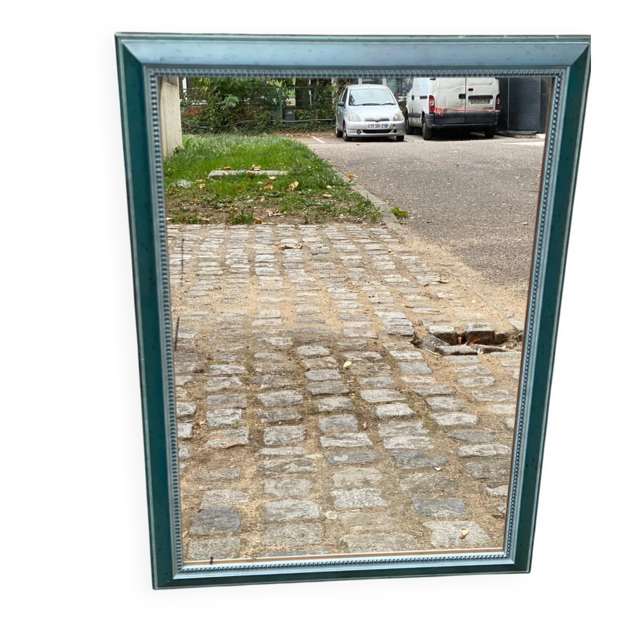 Large wall mirror 50x70 cm — Patinated & beaded blue petrol wooden frame