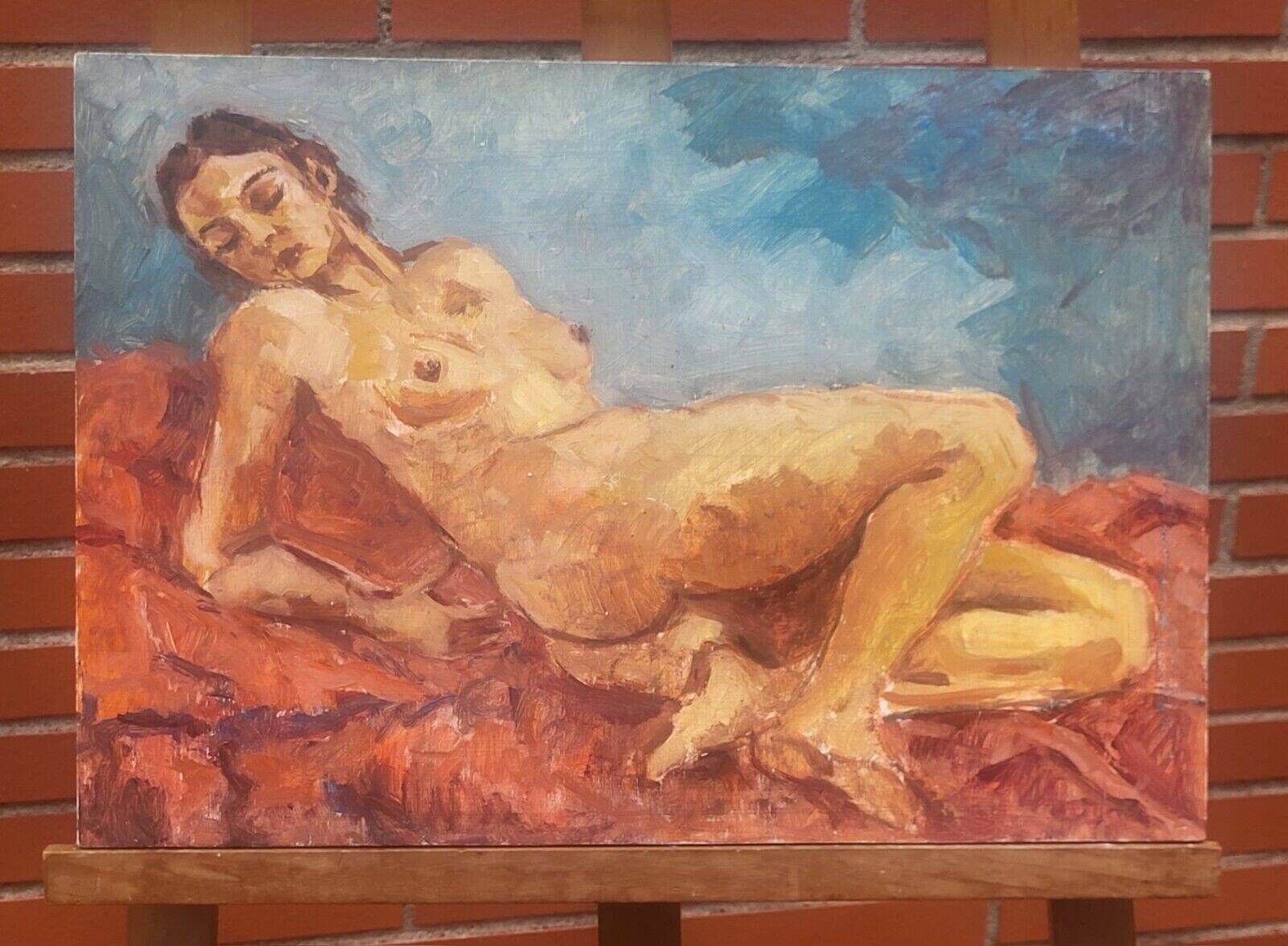 20th Century Expressionist Reclining Female Nude Original Oil Painting