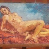 Peinture à l'huile originale expressionniste du XXe siècle représentant une femme nue allongée