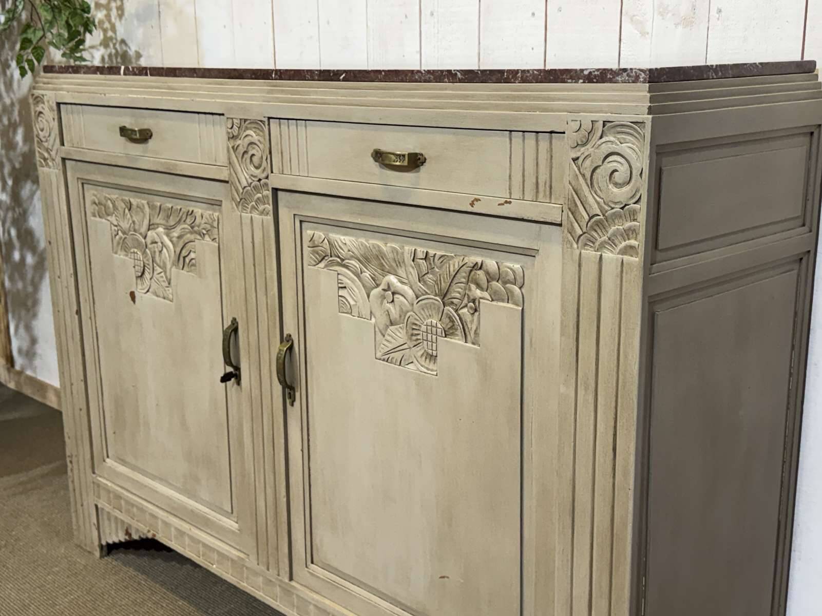 Art Deco sideboard in walnut, oak and marble top.