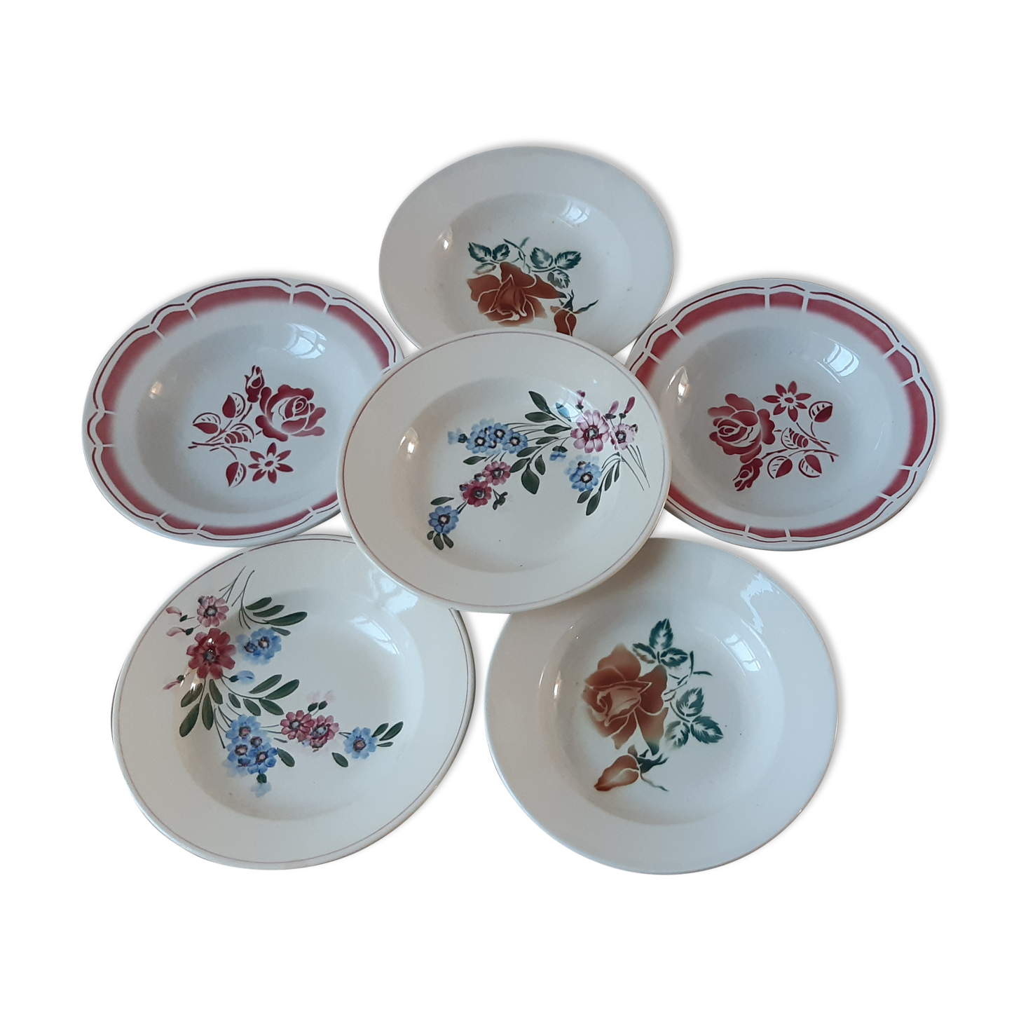 Set of 6 hollow plates Digoin Sarreguemines mismatched