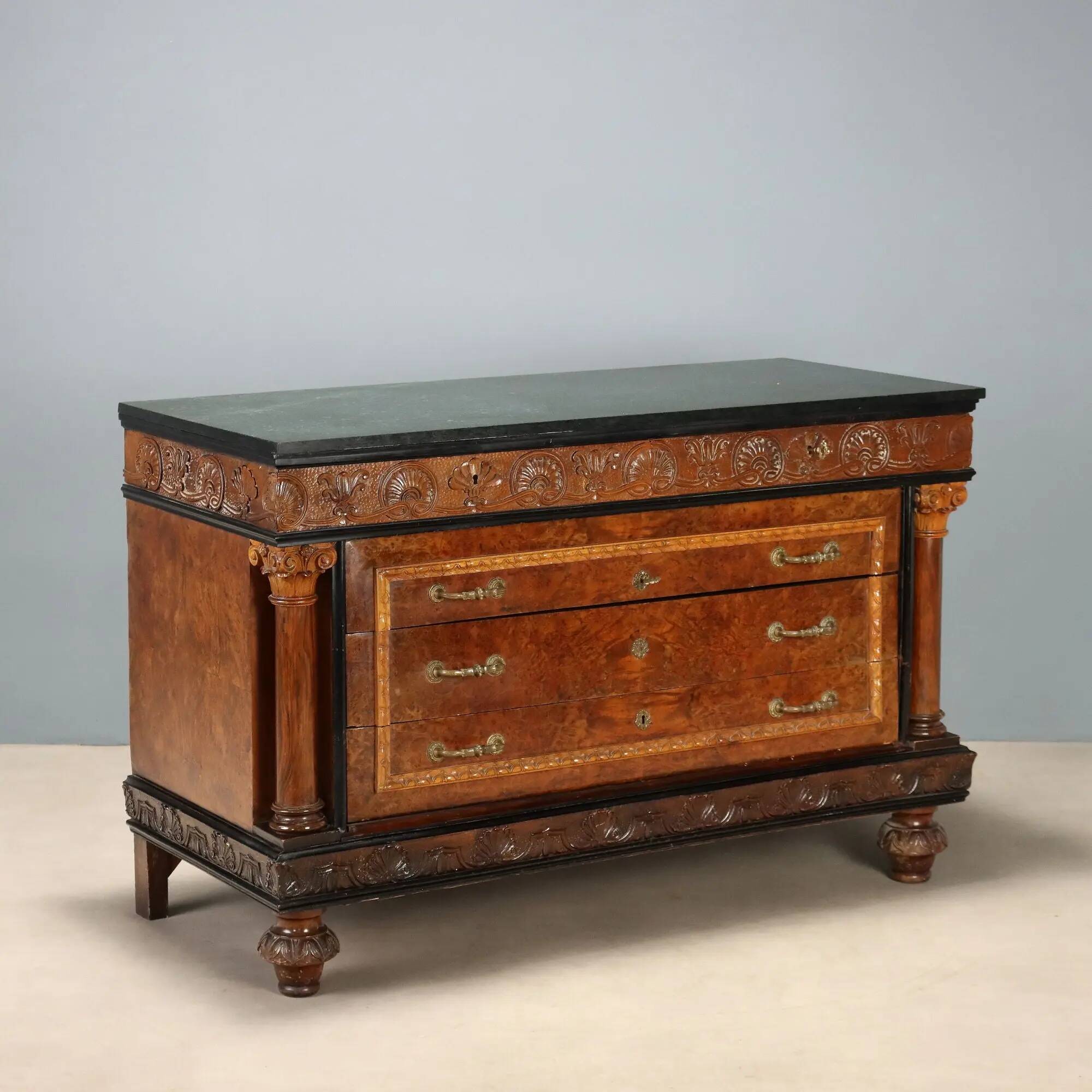 Antique walnut burl commode with marble top, Italy, 20th century.