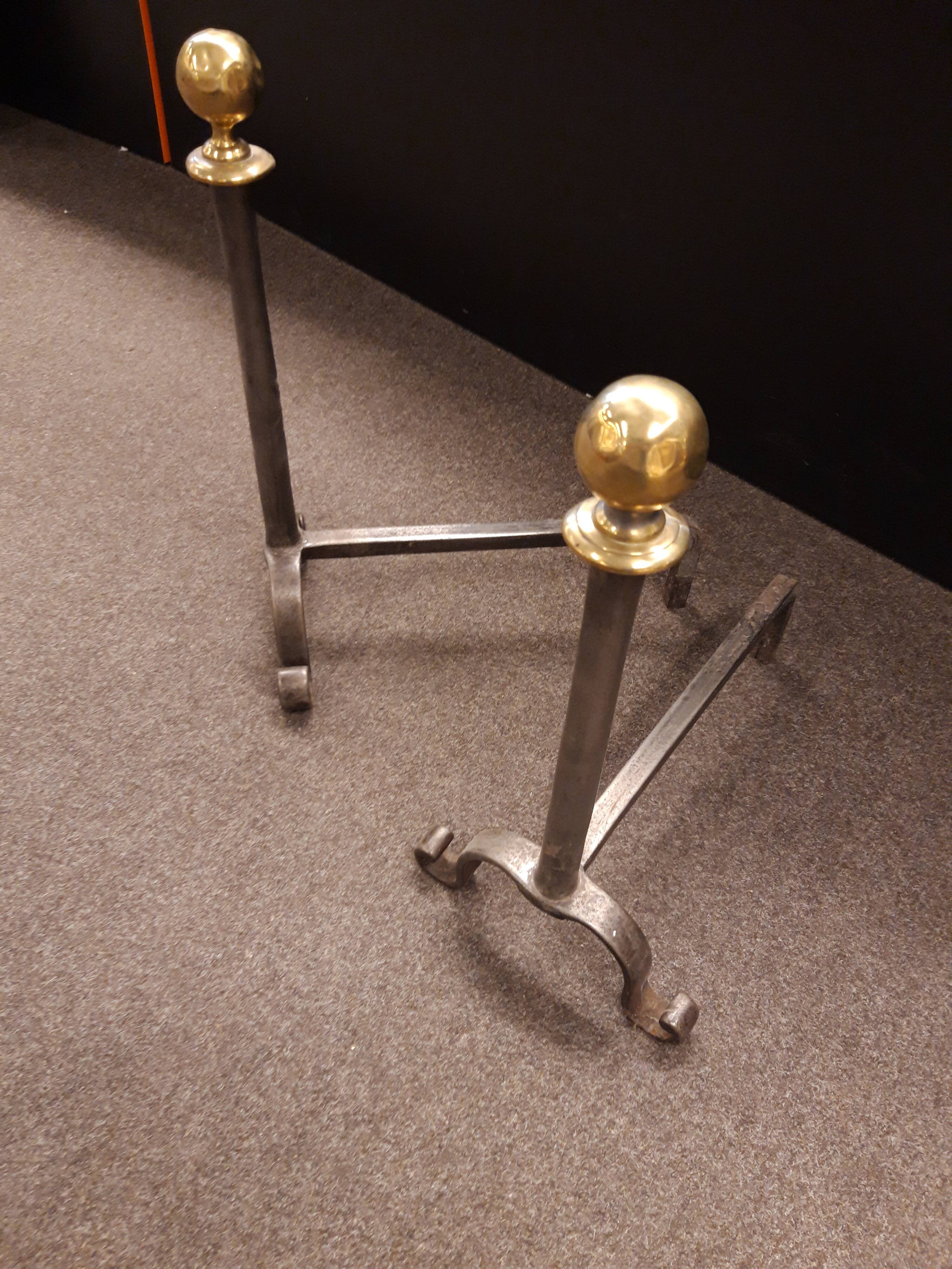 Pair of brass ball andirons