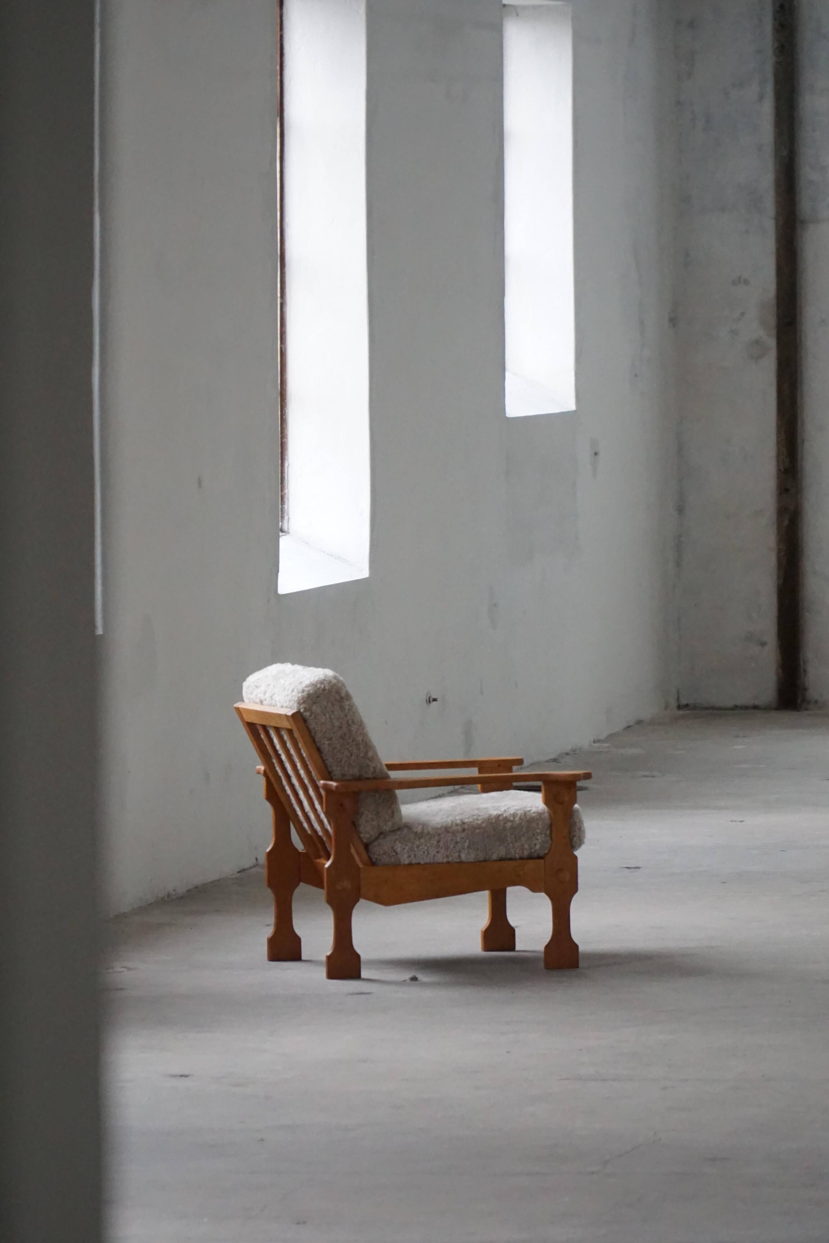 Modern Danish, Pair of Lounge Armchairs in Oak and Lambswool, Henning Kjærnulf, 1960s