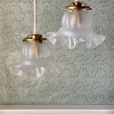Two vintage tulip pendant lights in molded glass